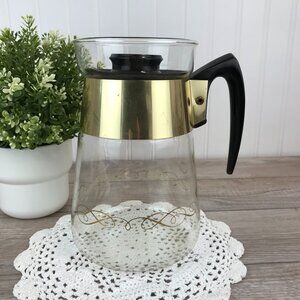 Vintage Pyrex Glass Coffee Carafe with Mid-Century Modern Gold Scroll Pattern